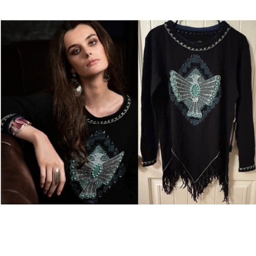 Double D Ranch Turquoise Beaded Thunderbird Fringe Hemline Top NWT XS